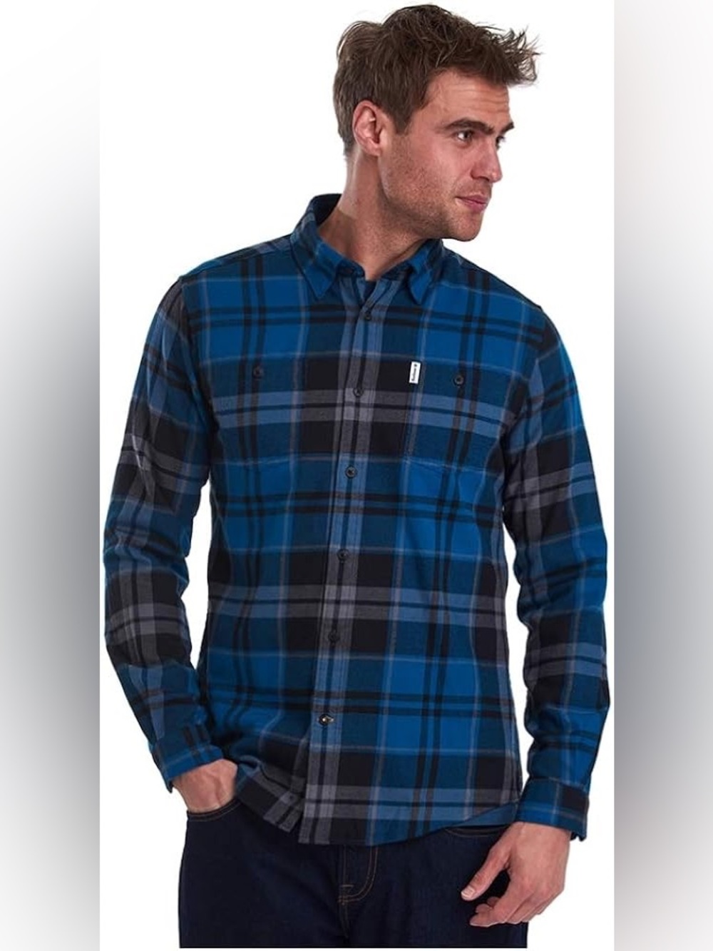 Barbour Men's Blue and Black Plaid Button-Down Shirt